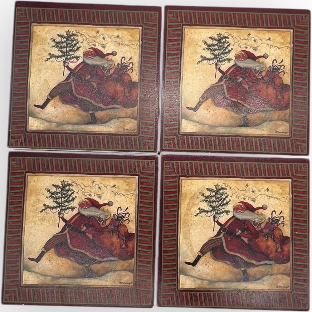 Susan Winget Stone Drink Coasters Set (4) Folk Art Santa Holiday St. ‎ Christmas